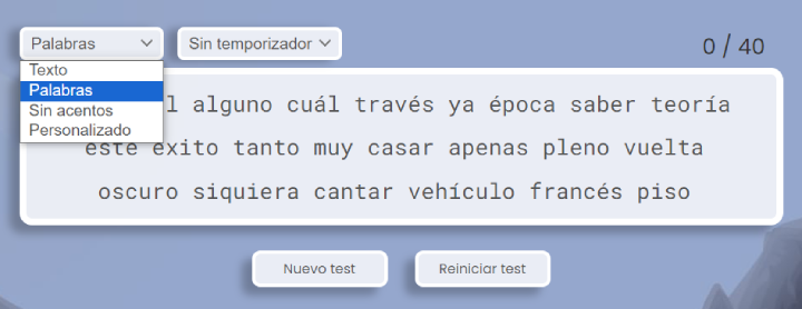 opciones de prueba de mecanografía