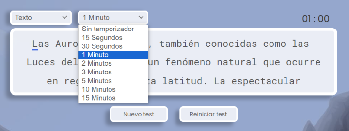 opciones de tiempo de la prueba de mecanografía