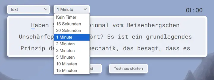 Optionen für die Dauer des Tipp-Tests